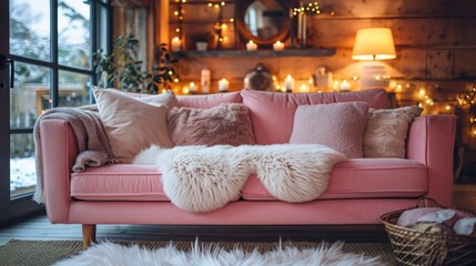 Pillows and blankets made of sheepskin on a pink sofa.