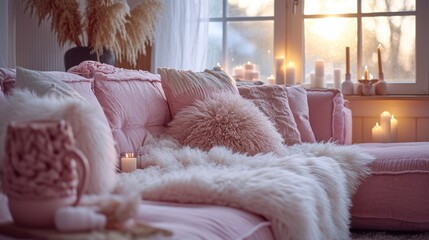 Pillows and blankets made of sheepskin on a pink sofa.