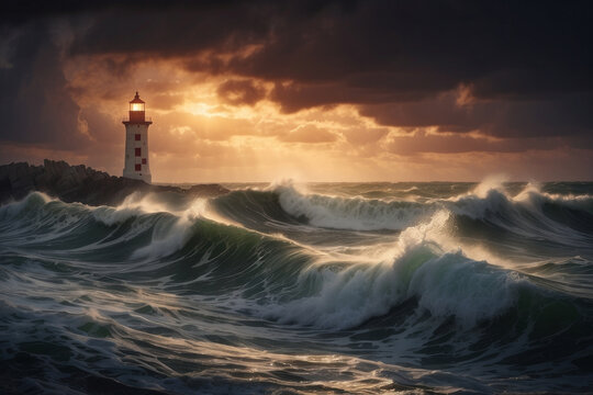 Waves hitting a lighthouse at sunset, seascape with a gloomy sky, generative AI
