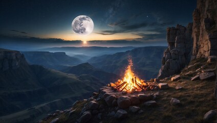 A bonfire at the edge of a cliff overlooking a vast, moonlit valley Generative AI