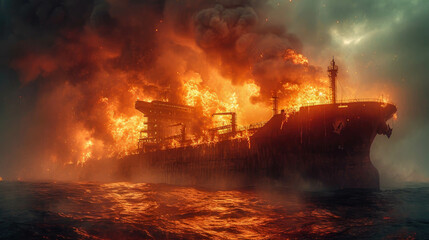 Burning oil tanker in the middle of the sea - obrazy, fototapety, plakaty