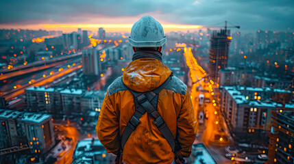 Portrait of a man in a construction helmet on the background of a large city