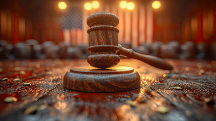 Wooden gavel and usa flag on wooden table. Law concept - obrazy, fototapety, plakaty
