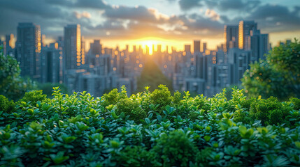 Cityscape with green bush and sunset sky background, natural eco city landscape - obrazy, fototapety, plakaty