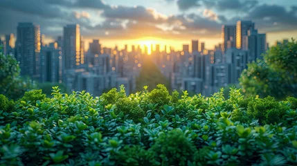 Foto op Aluminium Cityscape with green bush and sunset sky background, natural eco city landscape © Aliaksandra