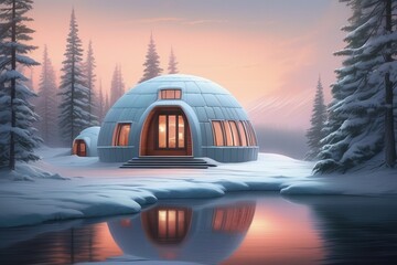 Cozy igloo house camping in winter forest near lake - obrazy, fototapety, plakaty