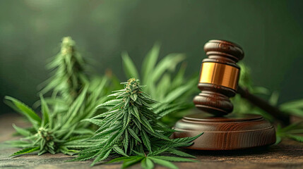 Cannabis law and legal Recreational Weed. Judge gavel with cannabis leaf - obrazy, fototapety, plakaty