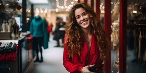 Obraz premium Radiant woman in red enjoying shopping spree. casual urban style. boutique window shopping scene. AI