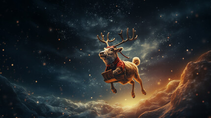 Naklejka premium A_jolly_reindeer_with_a_bright_red_nose_pulling_Santas_s
