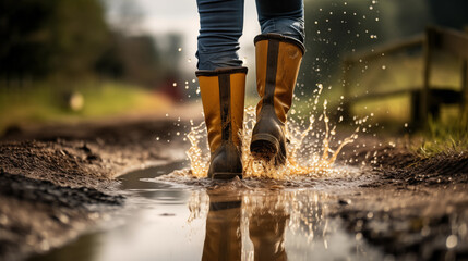 Close up of woman wearing rubber boots and splashing water on puddle