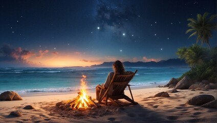 A cozy bonfire on a secluded beach under the starlit sky Generative AI