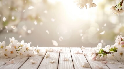 Spring background with cherry blossom and white wooden table with space for text