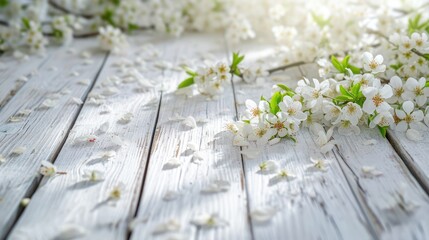 Spring cherry blossoms on a white wooden background. Spring background.