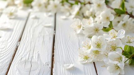 Beautiful cherry blossom on white wooden table, closeup. Space for text