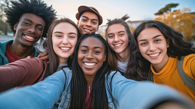 diverse multicultural group young adults taking a selfie, smiling happy friends youth outdoors