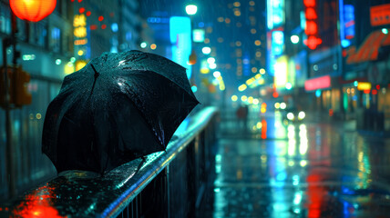A rain-soaked umbrella rests against a wet railing, capturing the essence of a downpour and the urban stillness that follows, glistening under city lights