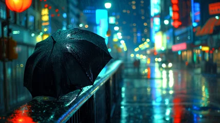 Fotobehang A rain-soaked umbrella rests against a wet railing, capturing the essence of a downpour and the urban stillness that follows, glistening under city lights © Дмитрий Симаков