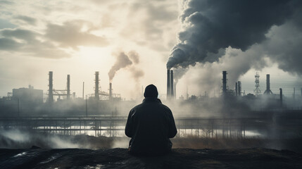 Back of man looking on industrial landscape with heavy pollution produced by factory. Ambient air pollution environmental industrial emissions. Industry zone, smoke plumes. Climate change, ecology