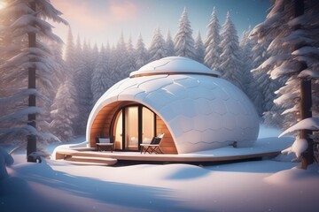 Cozy igloo house in winter forest daytime