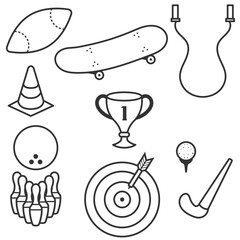 vector icon set complete sports equipment bundle. such as ball, skipping, skateboarding, bowling, basketball, football, athletics and others