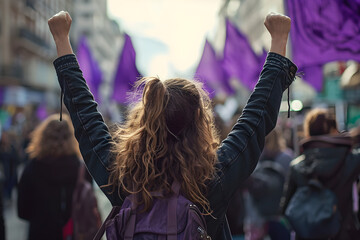 Manifestation on the day of the working woman, fight for equal rights for women, in black and purple tones.