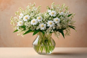 Peach and white color flowers collected in bouquet in glass vase