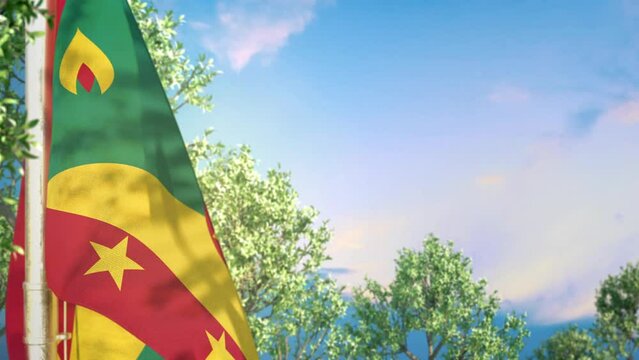 Waving flag of Grenada on forest and blue sky background