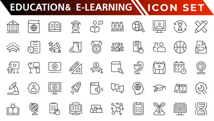 Fototapeta na wymiar Education and E-Learning web icons in line style. School, university, textbook, learning. Vector illustration