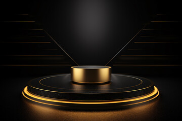 3D Black and Gold Stripes Podium with Golden Wave Lines Elements. Luxury Style Product Display Mockup