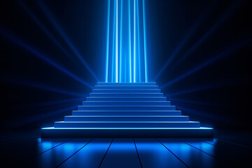 3D Blue Neon Podium with Glowing Stairs