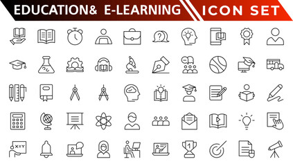 Education and E-Learning web icons in line style. School, university, textbook, learning. Vector illustration