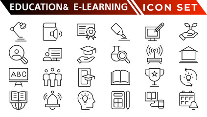 Education and E-Learning web icons in line style. School, university, textbook, learning. Vector illustration