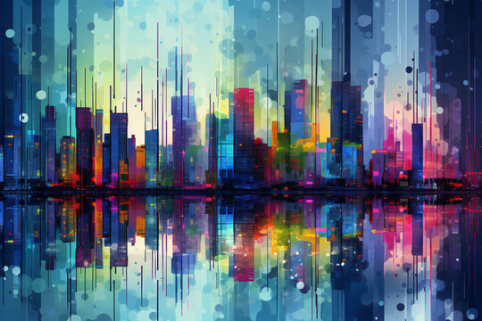 Modern Urban Landscape. Colorful Glitch Art Wallpaper