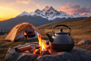 Indulge in the magic of a sunset campfire. A picturesque scene with a tea pot, tent, and mountains—an ideal representation of travel and outdoor hobbies.