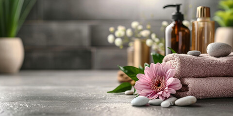 Towels, bottles of fragrant oil, flowers in the spa salon. Self care concept