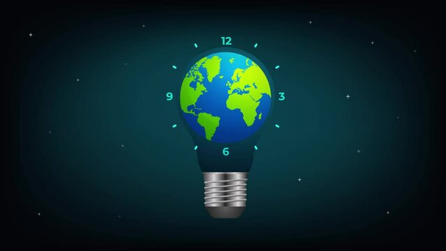 Earth Hour Day March 26th with light bulb and time globe illustration motion