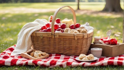 Fototapeta na wymiar A sunny park picnic with a red and white checkered blanket and a basket full of treats Generative AI