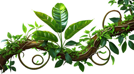Realistic twisted jungle branch with plant growing isolated on a white background