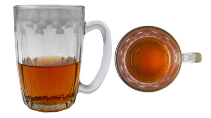 Half full glass of tea soda or cola beverage, side and top view