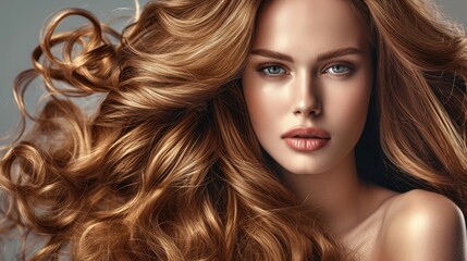 Fototapeta premium Beauty girl with long and shiny wavy Hair ,coloring and toning, shatush and balayash . Beautiful woman model with curly hairstyle .