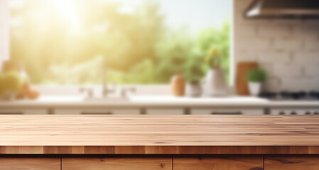 Empty old wooden table with kitchen in background