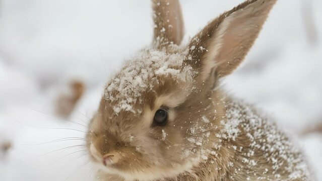 Closeup of a e little rabbit nestled a powdery white snow its delicate features and fur covered in a light dusting of snow
