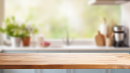 Empty old wooden table with kitchen in background