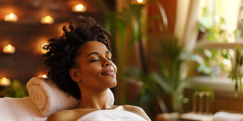 African American young woman lady in spa salon relaxing after taking massage treatment with her eyes closed. Care about yourself beauty treatment procedures concept. Body skin and hair care - obrazy, fototapety, plakaty
