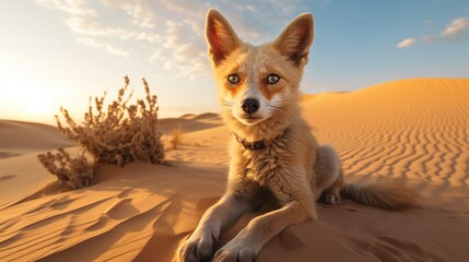 A fox sits in the sand at sunset. Generative AI.