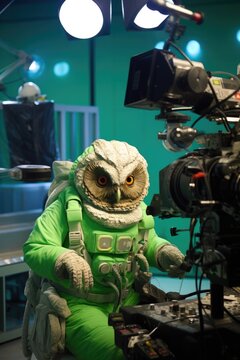 A green owl wearing a space suit. Generative AI.