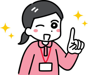 指差しポーズで案内している介護スタッフの若い女性(上半身・ポロシャツ)