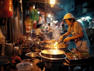 A man cooking food in a street market. Generative AI.