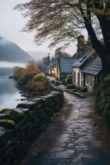 A path leads to a small cottage by the water. Generative AI.