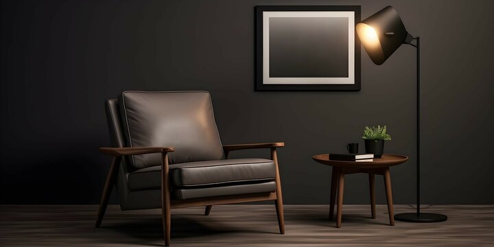 Interior of modern living room with black walls carpet black sofa and coffee table,Room interior wall art wallpaper,Luxurious Minimalist Interior in Black and Gray Tones.

